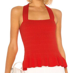 Parker Veda Knit Top Small Red Square Neck Peplum Flounce Ruffle Chic Ribbed New